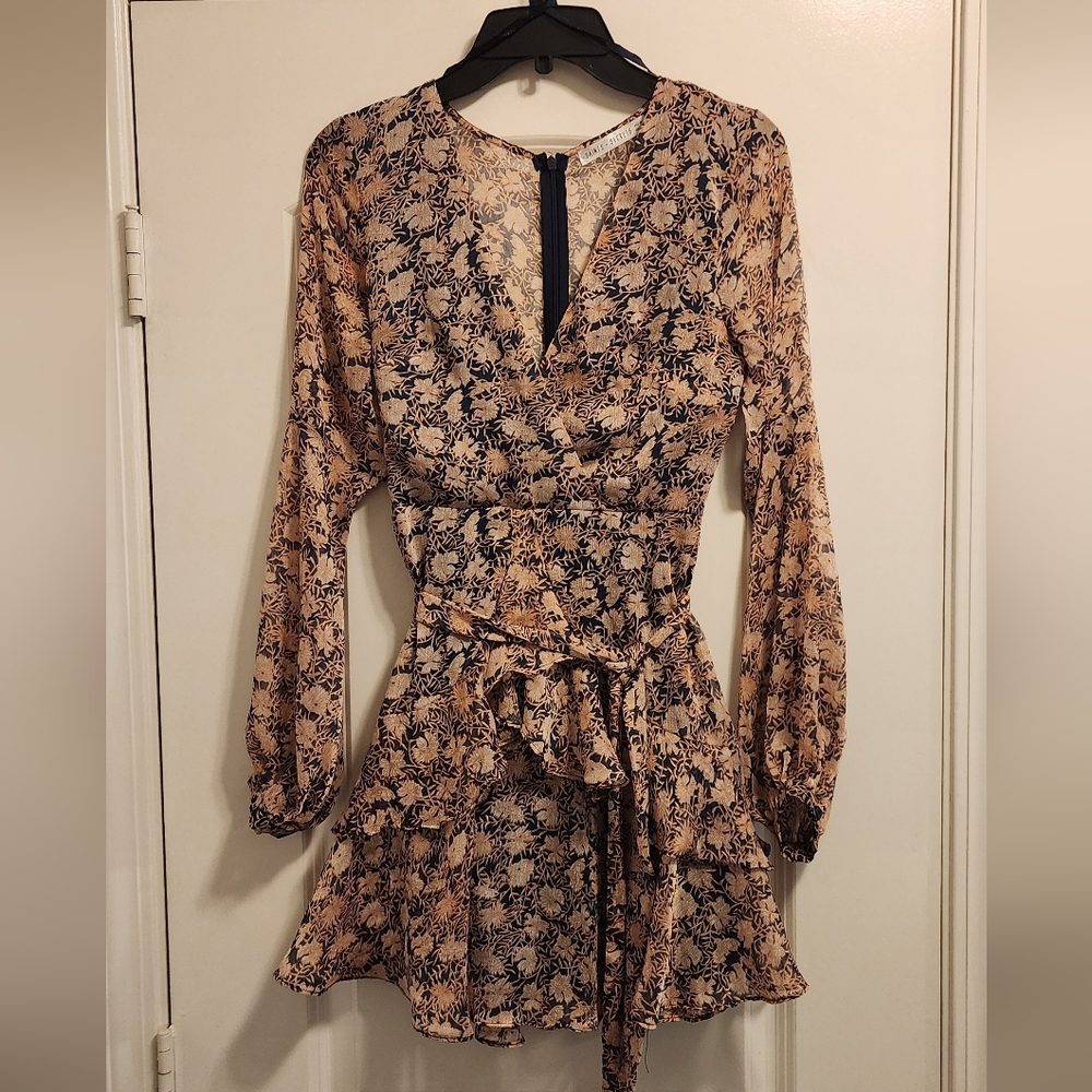 Saints +Secrets Elegant Floral Long Sleeve Mini  Flowy Summer Dress Sz S